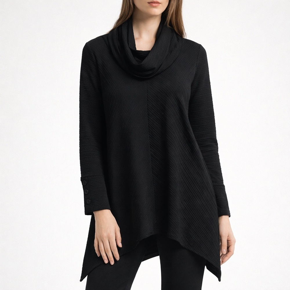 New York Laundry Black Cowl Neck Tunic Top Asymmetrical Hem Size M